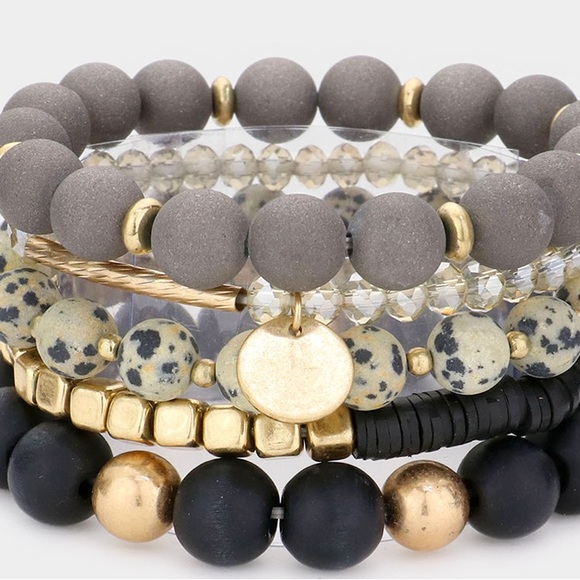 5 piece black gold semi precious stone beaded stretch bracelet - Picture 3 of 4